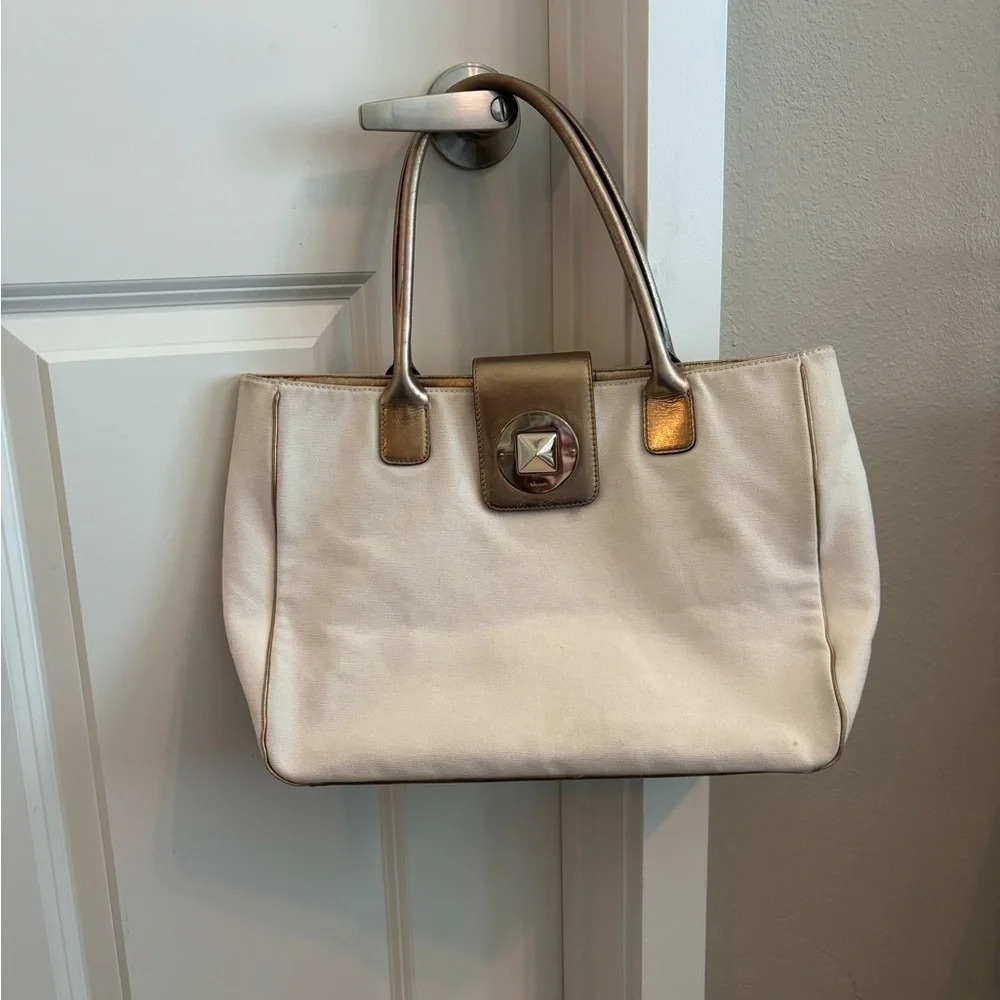 Kate Spade Vintage White Canvas Metallic Gold Straps Tote Bag